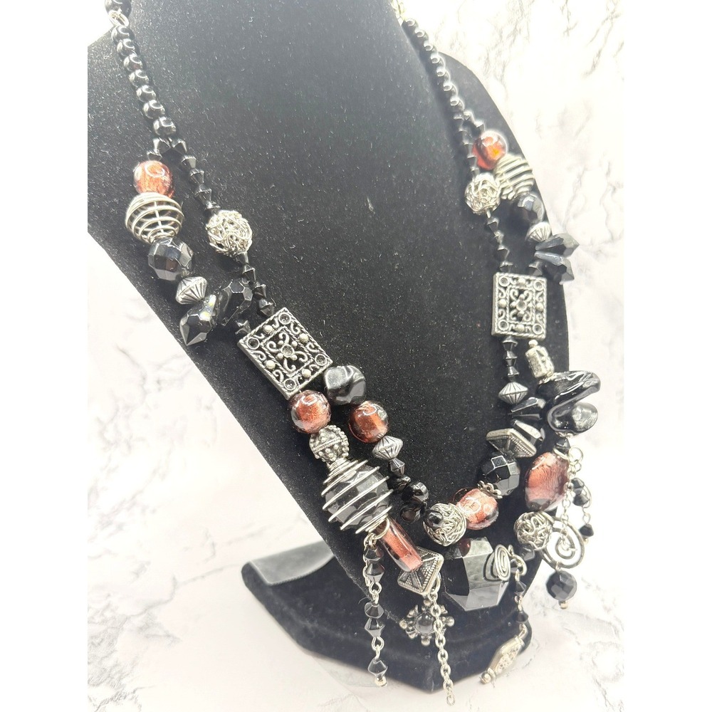 Boho Layered‎ Necklace Black Silver Mauve Mixed Bead Chunky Statement 21"